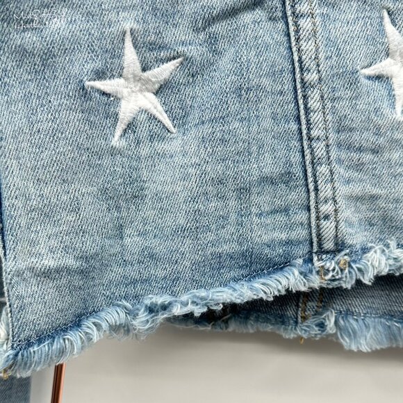 Eunina Star Embroidered Distressed Light Wash Denim Jacket With Frayed Hem - Picture 3 of 7